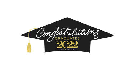 Congratulations graduates banner with cap and golden design elements. Class of 2022. Graduation black and gold logo. Grad concept for high school or college party, photo album etc.Vector illustration.のイラスト素材