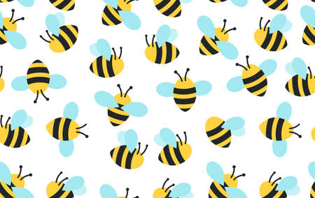 Bee pattern with flying cartoon bees. Seamless bee background. Summer and spring seamless pattern with flat style yellow and blue bees on white background. Vector illustrationのイラスト素材