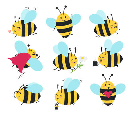 Cartoon bee icon set vector illustration. Cute flat style bee character with different emotions. Kawaii flying emojii bee set. Happy, sad, angry, sleepy and bee with coffee.のイラスト素材