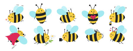 Cartoon bee icon set vector illustration. Cute flat style bee character with different emotions. Kawaii flying emojii bee set. Happy, sad, angry, sleepy and bee with coffee.のイラスト素材