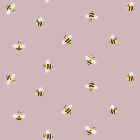 Trendy hand drawn bee seamless background. Cute summer or spring pattern with flat style bees. Cartoon bee vector illustrationのイラスト素材