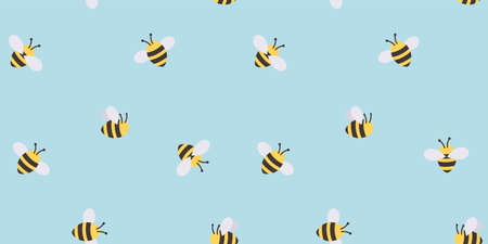 Trendy hand drawn bee seamless background. Cute summer or spring pattern with flat style bees and blue background. Cartoon bee vector illustrationのイラスト素材