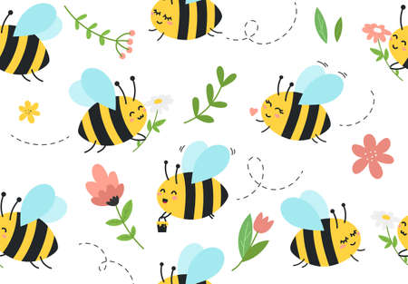 Cute seamless cartoon bee pattern with daisy, tulips, flowers and green leaves. Summer floral background with flat style bees for prints, cards, poster, nursery, baby shower, Vector illustrationのイラスト素材