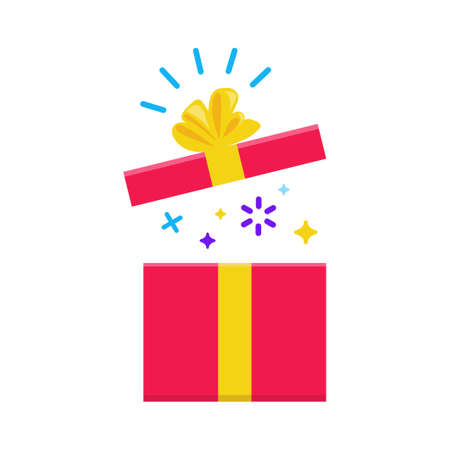 Flat style surprise gift box icon vector illustration. Colorful cartoon open gift box with ribbon bow. Vector icon for ui, present, birthday, logo,business, banne isolated on a white background.のイラスト素材