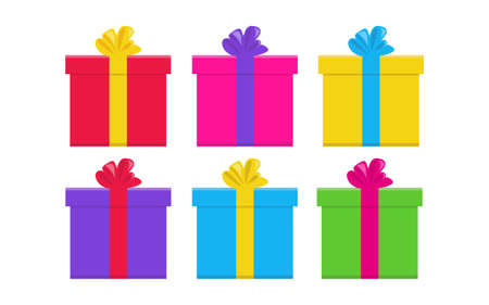 Flat style gift box icon set vector illustration. Colorful cartoon gift box collection with ribbon bows. Vector icon for ui, present, birthday, logo,business, sticker isolated on a white background.のイラスト素材