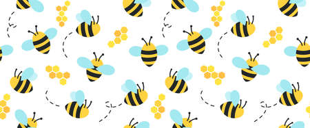 Bee pattern with cartoon bee characters, beehive and doodles. Seamless bee background. Summer and spring seamless pattern with flat style bee characters on white background. Vector illustrationのイラスト素材