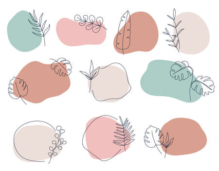 Modern botanical compositions with line art tropical leaves. Hand drawn boho elements for logo, fashion, highlights. Aesthetic contour exotic leaves, organic shapes. Neutral colors vector illustrationのイラスト素材