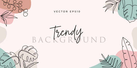 Modern botanical background with line art tropical leaves silhouettes and organic shapes vector illustrationのイラスト素材