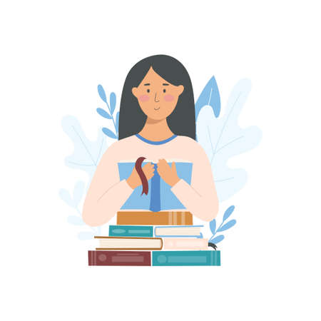 Read more books concept cartoon vector illustration isolated on white background. Girl holding and reading a book. Trendy design concept for education, student, school, online courses, personal growthのイラスト素材