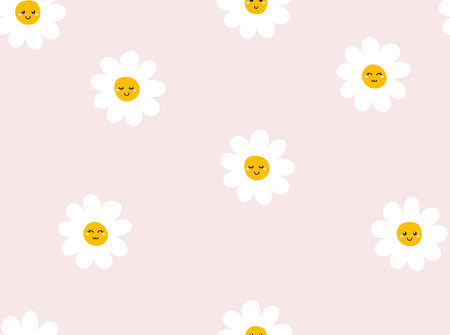 Abstract background with cute daisies. Floral chamomile seamless pattern Vector illustration. Kawaii white daisy flowers on a pink background. Cute flower faces design for nursery, greeting card, printのイラスト素材
