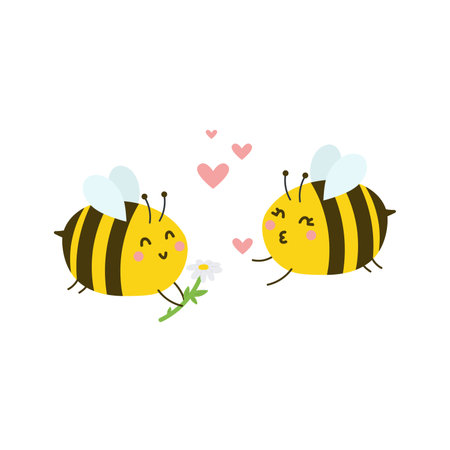 Cute couple of bee in love with daisy and hearts. Cartoon vector illustration for Valentine's day, Birthday party, background etc. Valentine's day design elements. Cartoon love concept with bees.のイラスト素材