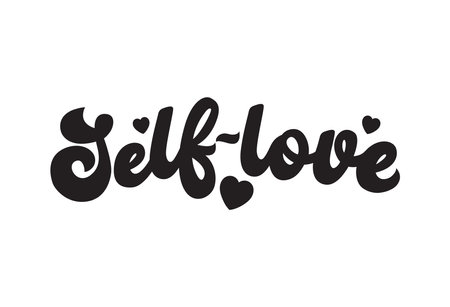 Self-love hand drawn 70s design. Trendy groovy lettering quote for poster, print, greeting card etc. Motivational self love design concept with hearts. Hippie vintage 80s flat style quote.のイラスト素材