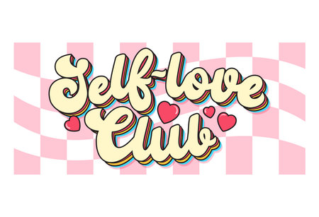 Self-love Club funny hand drawn groovy style vector illustration. Trendy 70s lettering quote with Trippy Grid background for poster, print, card, fashion. Love yourself 80s hippie motivational quoteのイラスト素材