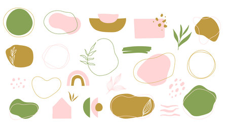 Set of hand drawn shapes in sage green, gold and blush pink colors. Collection of organic shapes, logo, backgrounds,abstract design elements with floral decor.Vector illustration in earthy colorsのイラスト素材