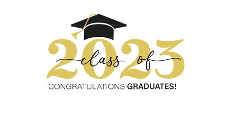 Class of 2023. Congratulation graduates flat style design template with cap and lettering. Gold graduation typography vector illustration for ceremony, party, greeting card, invitation etc.のイラスト素材