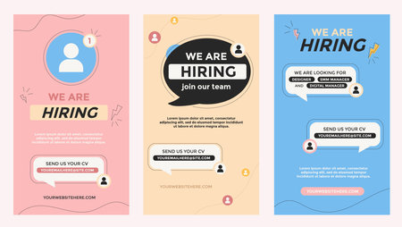Hiring concept set for social network story or post. Recruitment design templates in trendy flat style. Vector illustration. Join our team banner with speech bubble and doodle.のイラスト素材