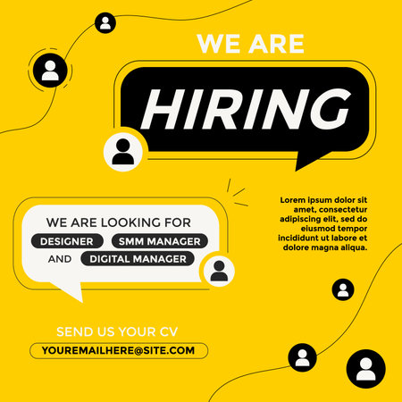 We are hiring vacancy advertisement template. Trendy job vacancy banner, poster or flyer with speech bubbles and yellow, white and black colors. Minimalist recruitment creative ad. Vector illustrationのイラスト素材