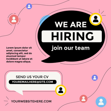 Hiring concept for social network. Join our team flat style design template with speech bubbles, abstract shapes and pink background. Recruitment concept. Vector illustration. Open vacancy designのイラスト素材