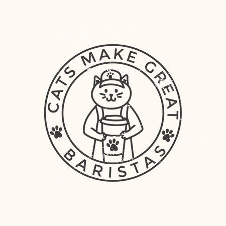 Coffee and cats design concept with barista cat. Cute cat holding a cup of coffee. Vintage concept for logo, stamp, print, textile, card, poster etc. Vector illustrationのイラスト素材