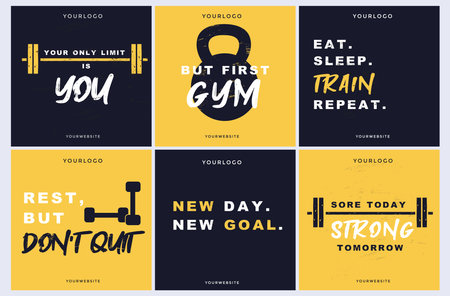 Modern templates with motivational quotes for social networks. Gym motivational and inspirational design templates for post, poster, logo etc. Workout vintage design with barbell. Vector illustrationのイラスト素材