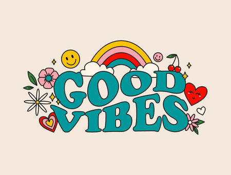 Good vibes groovy style inspirational design. Motivational retro 70s vector illustration with lettering and vintage elements. Hippie flat style heart, rainbow, flowers.のイラスト素材