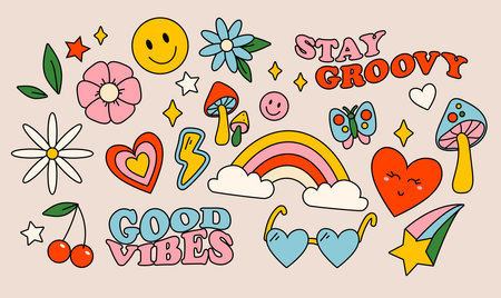 Groovy objects collection. Vintage hippie elements for logo, print, greeting cards etc. 70s retro style mushrooms, heart, sunglasses, heart, star, butterfly and flowers. Vector illustrationのイラスト素材