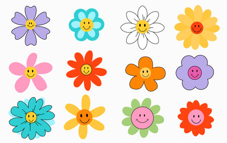 Set of colorful hand drawn smiling flowers in groovy style. 70s retro elements set. Simple Abstract flowers with different shapes and colors. Contemporary Vector illustration floral doodle elementsのイラスト素材