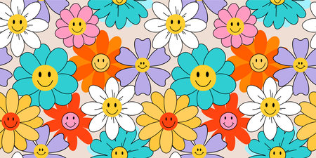 70s groovy seamless pattern with flowers. Colorful print with vintage cartoon hippie flowers, with smiling petals and a retro vibe. Colorful psychedelic summer design vector illustrationのイラスト素材