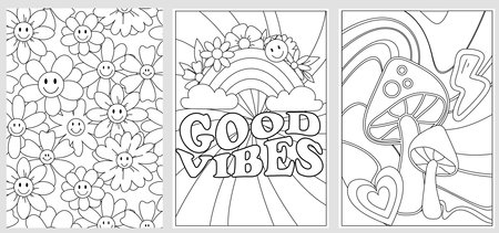 Groovy digital coloring pages set. Hippie coloring book in vintage 70s style. Geometric retro design templates with Psychedelic flowers, mushrooms, rainbow and hand drawn elements. Vector illustrationのイラスト素材