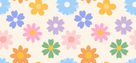 Floral boho seamless pattern with colorful flowers. Doodle style minimalistic background with various flowers. Retro floral design template with hand drawn flowers. Flat style Vector illustration.のイラスト素材