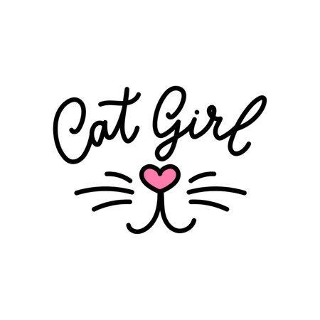 Cat girl funny cat face design with lettering. Cute cat meow slogan with heart shaped nose and whiskers. Vector illustrationのイラスト素材