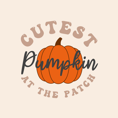 Cutest pumpkin at the patch retro typography design with pumpkin and lettering. Groovy style vintage Fall concept for print, card, fashion, baby tee. Autumn Pumpkin quote. Vector illustrationのイラスト素材