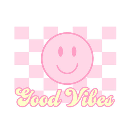 Good vibes retro vector illustration. Pink smiling face on pink and white checkered background. Groovy 70s style motivational template for print, card, poster, slogan. Feminine vintage hippie 80s cardのイラスト素材