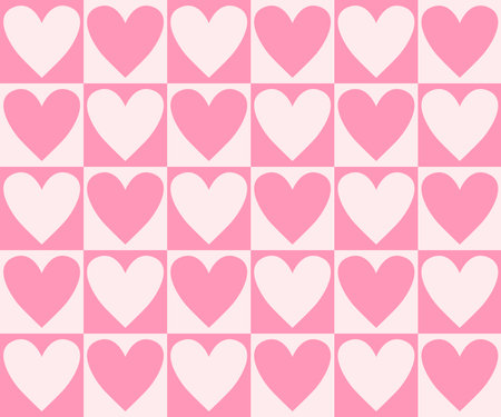 Retro checkerboard groovy seamless pattern with hearts on pink and white background. 70s 80s style cute geometric background vector illustration. Valentine's day pattern. Hippie style aesthetics.のイラスト素材