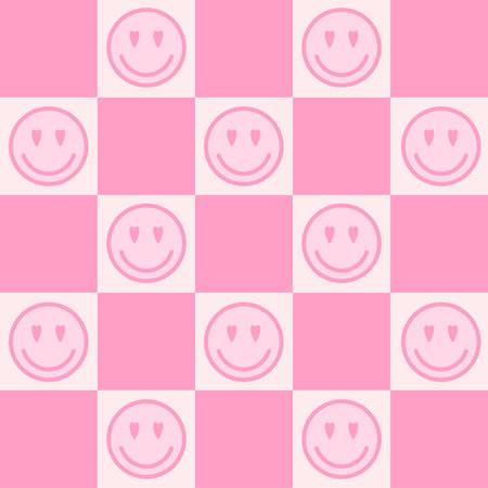 Retro checkerboard groovy seamless pattern with pink smiling faces on pink and white background. 70s 80s style cute geometric vector illustration. Positive vibes. Hippie style aesthetics background.のイラスト素材
