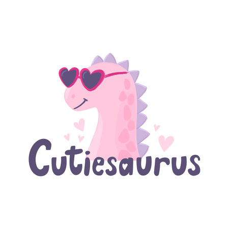 Cutiesaurus funny flat style vector illustration with cute pink dinosaur wearing sunglasses. Cute dinosaur cartoon character isolated on white background with hearts and lettering. Baby tee printのイラスト素材