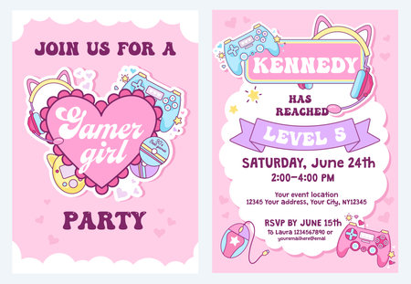 Cute vector Birthday card invitation design. Gamer girl kids Birthday party invitation. Vintage 90s celebration event template with controller game elements. Flat style gaming kawaii illustrationのイラスト素材