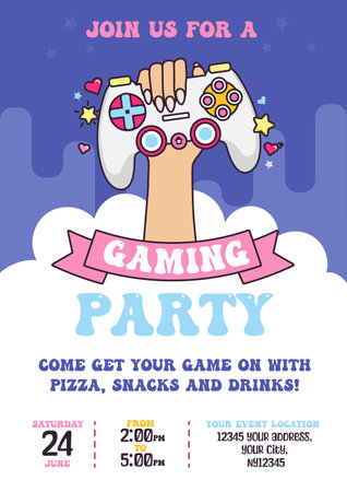 Gaming party invitation design template. Gamer girl or boy B-day celebration poster with cartoon hand holding a controller, balloons. Cute kids party event concept. Vector flat style illustrationのイラスト素材