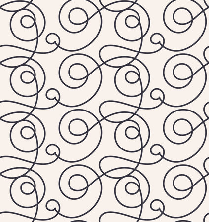Seamless geometric pattern with swirls. Monochrome background with hand drawn elements in trendy one line art style. Continuous line drawing vector illustration. Linear abstract background.のイラスト素材
