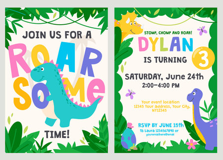 Dinosaur Birthday party design template with cartoon characters t-rex, triceratops, brontosaurus. Jurassic themed B-day invitation colorful design. Flat vector illustration. Roarsome Dino party card.のイラスト素材