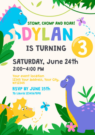 Dinosaur Birthday party design template with cartoon characters t-rex, triceratops, brontosaurus. Jurassic themed B-day invitation colorful design. Flat style vector illustration. Dino party card.のイラスト素材