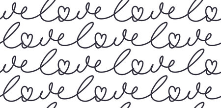 Seamless love pattern with hearts. Trendy abstract background with one line script. Endless monochrome design template for wedding, Valentine's day, Mother's day etc. Hand drawn Vector illustrationのイラスト素材