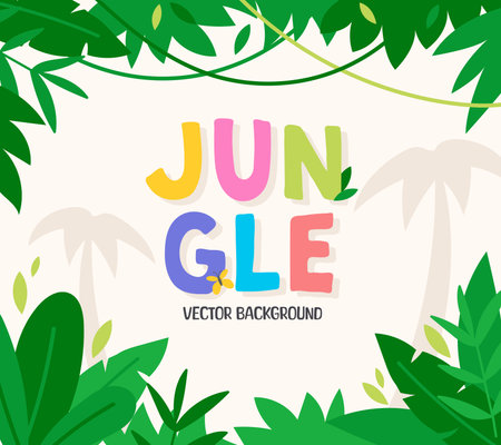 Cartoon jungle background. Tropical vector background with green leaves, palm silhouettes. Jurassic forest colorful flat style scenery template for banner, invitation, card. Wild nature illustrationのイラスト素材