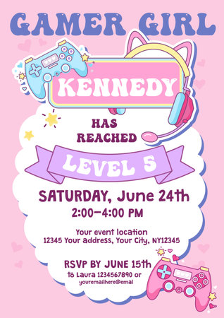 Gaming party invitation design template. Gamer girl kawaii B-day celebration poster with cartoon controller and cute decorative elements. Kids party event concept. Vector flat style illustrationのイラスト素材