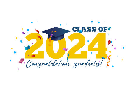 Congratulations graduates vector illustration. Class of 2024 trendy design template with graduation cap and colorful confetti isolated on white background. Grad ceremony typography concept.のイラスト素材