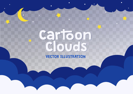 Dreamy night sky background. Cartoon style scene with white fluffy clouds, moon and stars on transparent background. Relaxing cute midnight sky scenery. Starry Night, Stylish Graphic for Web, Game.のイラスト素材