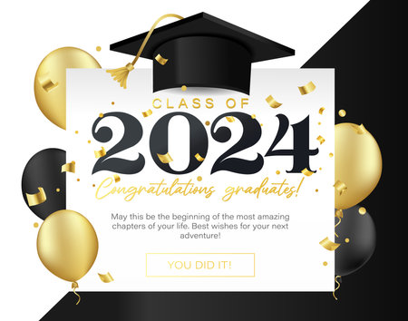 Class of 2024 Vector Illustration. Congratulations Graduates template for banner, invitation, greeting card. Graduation ceremony elegant design with Graduation Cap. Gold, black and white colors.のイラスト素材