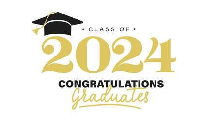 Class of 2024 graduation typography template. Congratulations graduates celebration design for college, high school, university. Tassel and cap vector illustration. Educational milestone graphic art.のイラスト素材