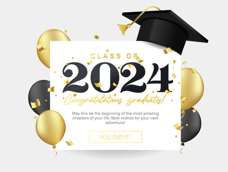 Class of 2024 Vector Illustration. Congratulations Graduates template for banner, invitation, greeting card. Graduation ceremony elegant design with Graduation Cap. Gold, black and white colors.のイラスト素材