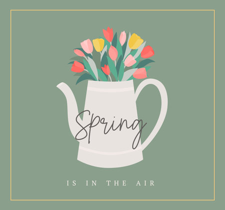 Spring is in the air vector illustration. Inspirational floral spring art with bouquet in a teapot. Cartoon tulips vectorのイラスト素材